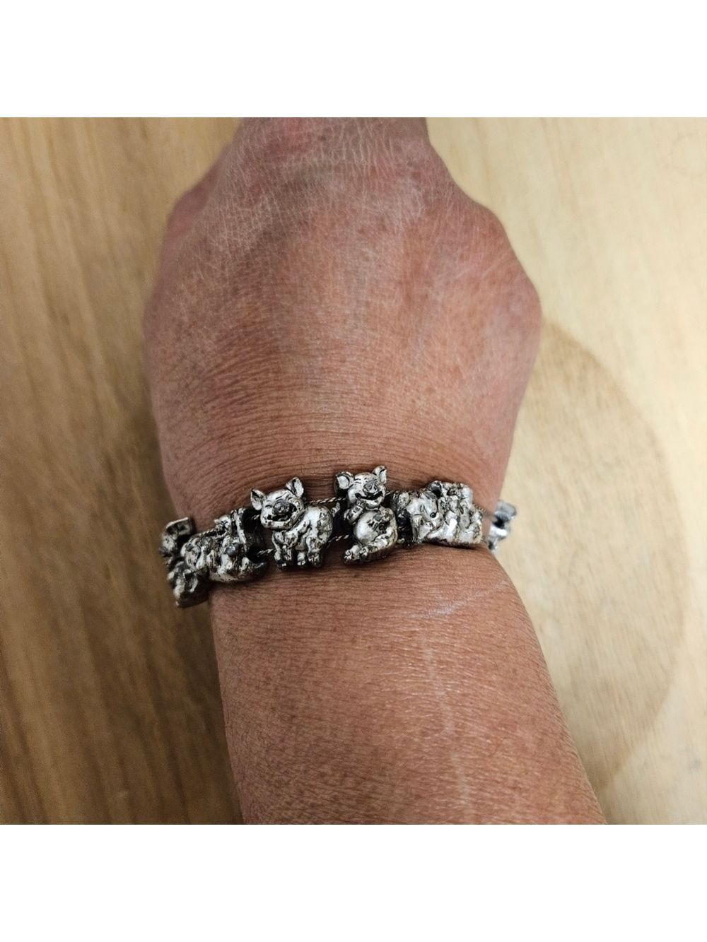 Vintage Silver-tone Laughing Piggy Slider Charm Bracelet